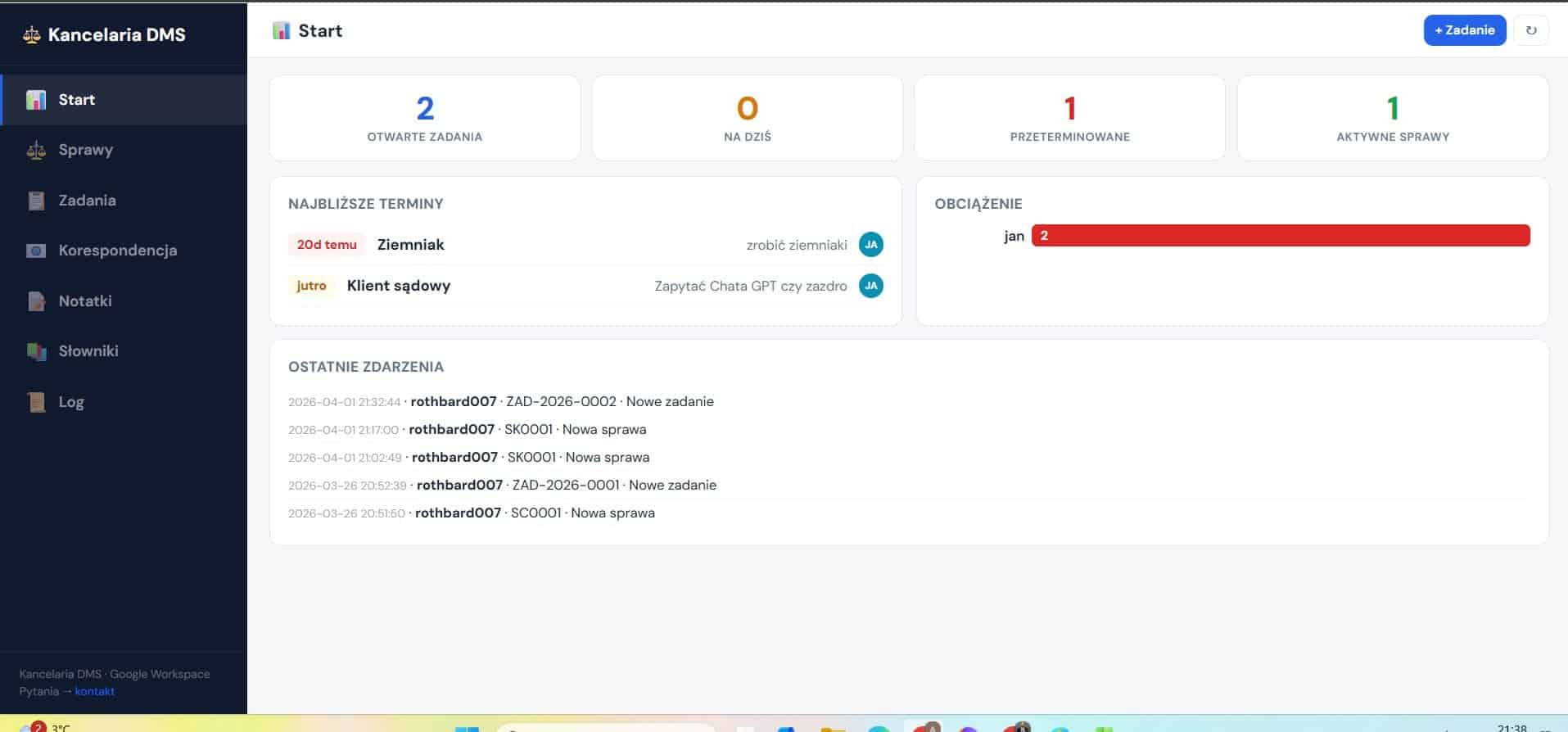 Kancelaria DMS — Dashboard z przeglądem spraw, zadań i terminów