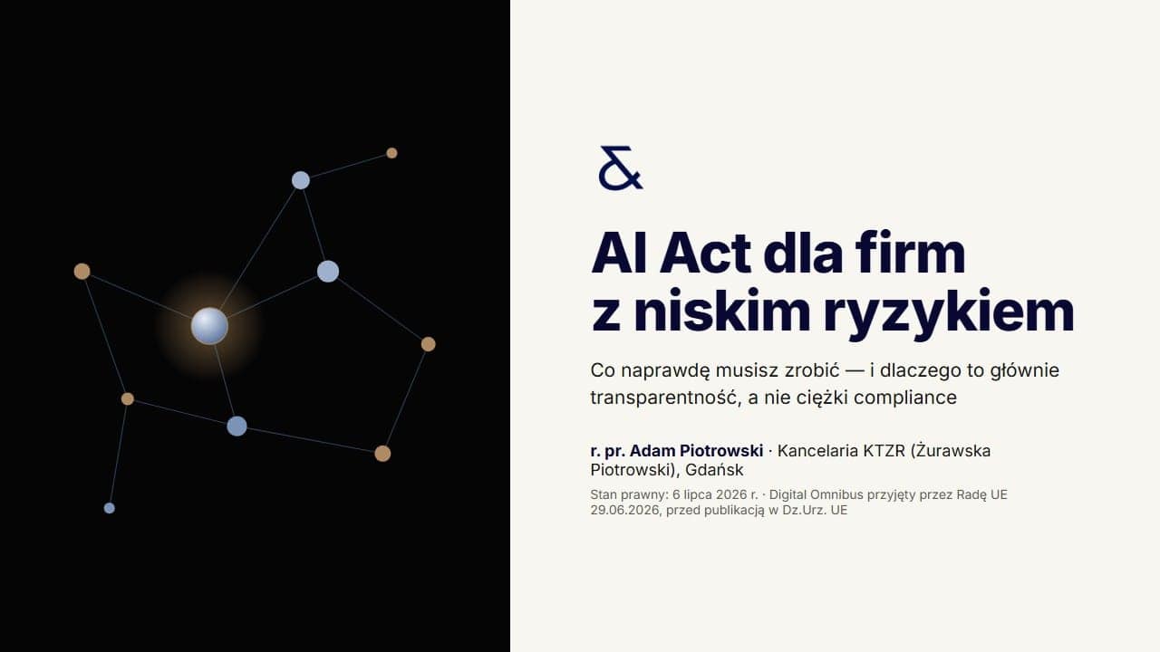 Okładka e-booka „AI Act dla firm z niskim ryzykiem” — Kancelaria KTZR